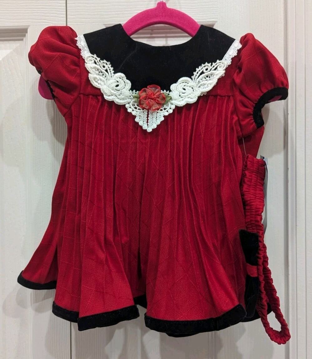 Thomas Girls Red Short Sleeve Black Collar Dress With White Lace Sz 3-6 M NWT 3
